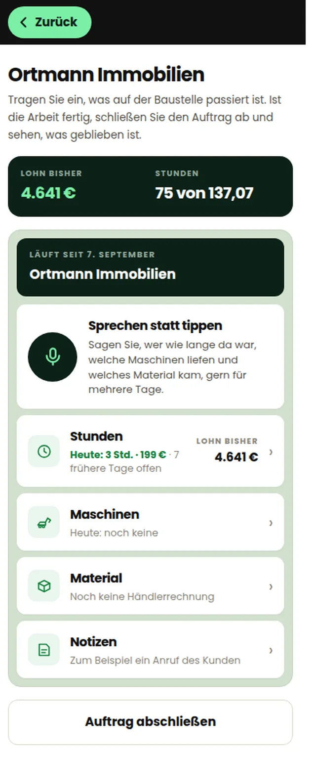 Der GaLaBau-Assistent auf dem Handy: ein Auftrag mit Lohn, Stunden, Maschinen und Material